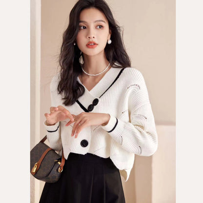 Irregular hem V-neck wool knitted cardigan female white deer short autumn and winter niche design sweater jacket tide