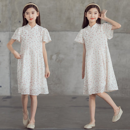 DUNNMALL  Children's Chinese Style Short Sleeve Dress Summer Clothing Princess Long Dress Medium and Large Girls National Fashion Embroidered Cheongsam Parent-Child Clothing