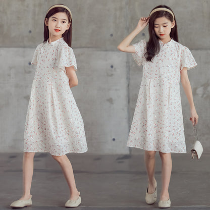 DUNNMALL  Children's Chinese Style Short Sleeve Dress Summer Clothing Princess Long Dress Medium and Large Girls National Fashion Embroidered Cheongsam Parent-Child Clothing