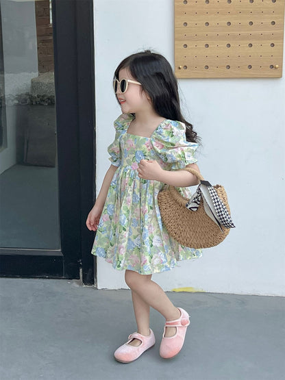 DUNNMALL  Summer Korean Style Children's Wear New Product Girls'  Square Collar Floral Backless Dress Holiday Dress Princess Dress