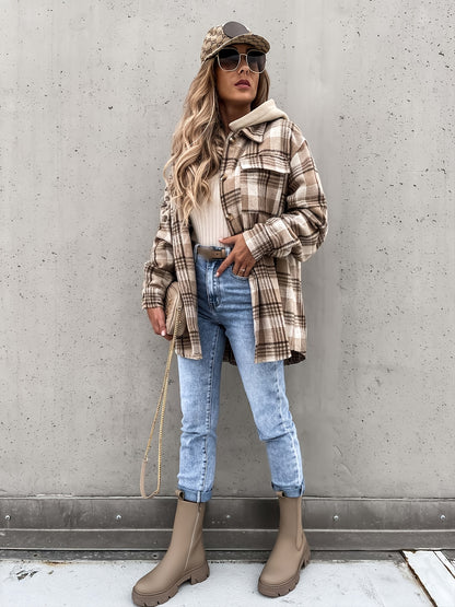 dunnmall  Plaid Button Lapel Loose Coat, Casual Long Sleeve Fashion Fall Winter Outerwear, Women's Clothing