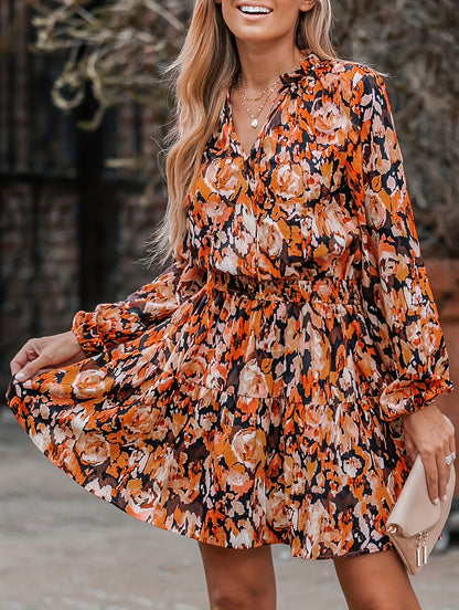 dunnmall  Floral Print V Neck Dress, Casual Long Sleeve Dress, Women's Clothing