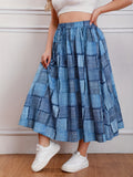Plus Size Casual Skirt, Women's Plus Colorblock Denim Print Drawstring Elastic High Rise Slight Stretch Smock Maxi Skirt