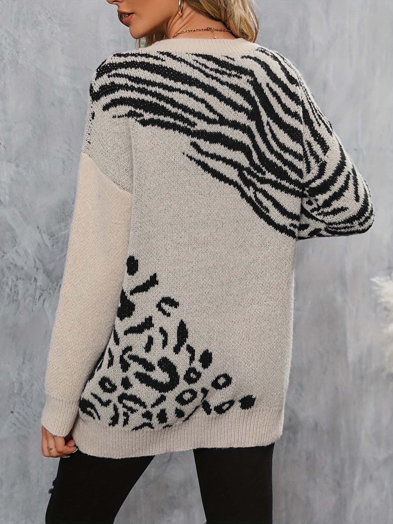 dunnmall  Leopard & Zebra Pattern Crew Neck Sweater, Vintage Long Sleeve Sweater For Fall & Winter, Women's Clothing