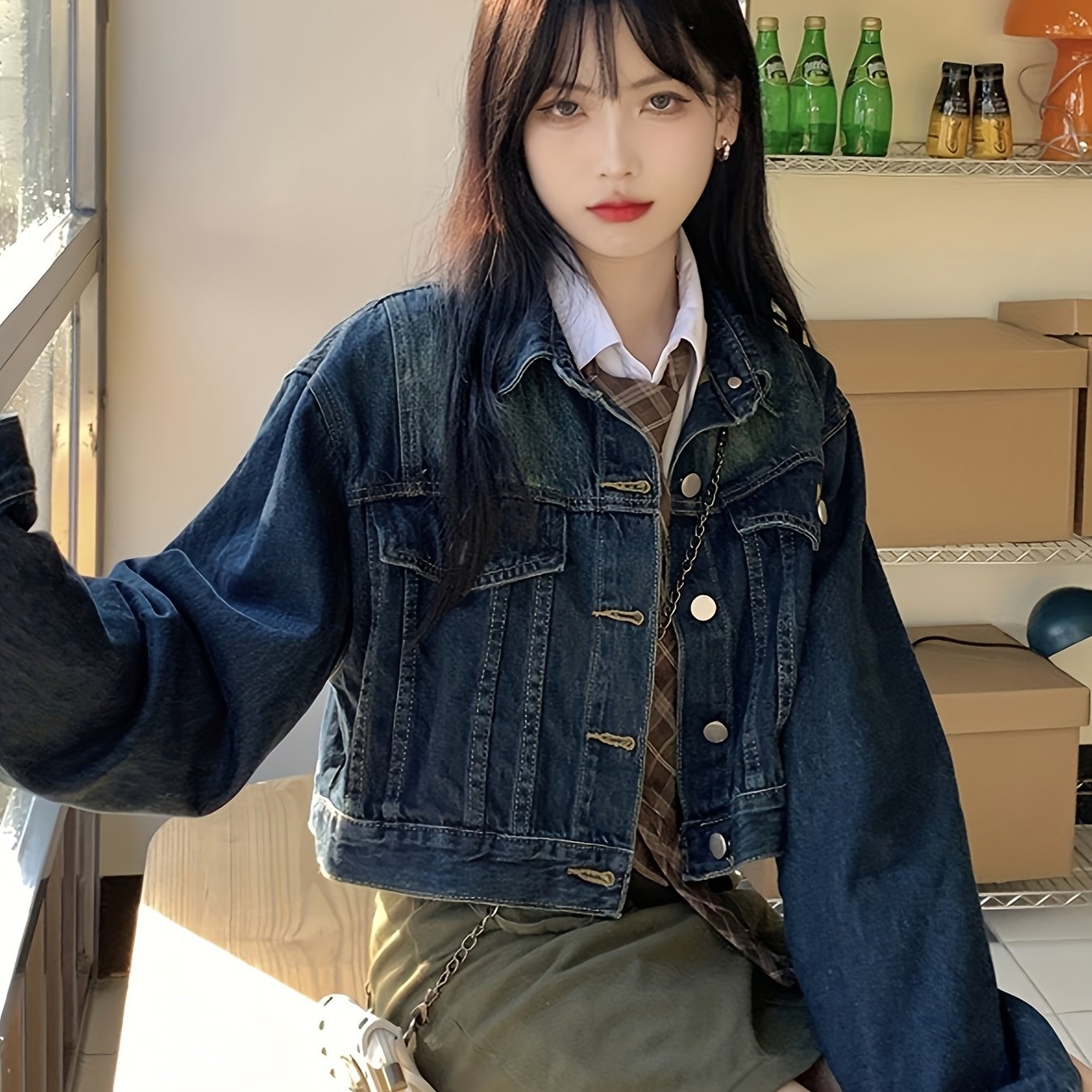 Blue Retro Style Crop Denim Coat, Long Sleeves Non-Stretch Lapel Denim Jacket, Women's Denim Clothing