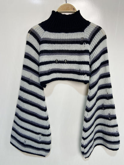 dunnmall  Striped Turtle Neck Crop Sweater, Stylish Long Sleeve Sweater, Casual Tops For Fall & Winter, Women's Clothing