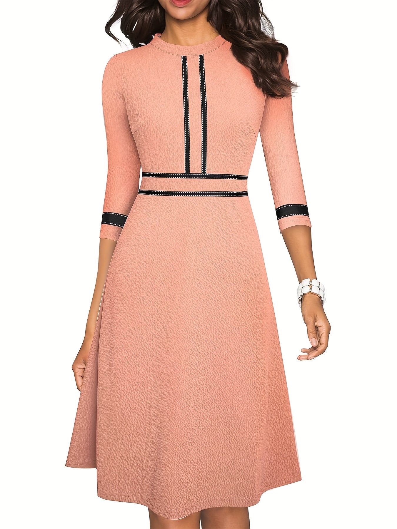 Three-quarter Sleeve Dress, Elegant Crew Neck Flare Dress, Women's Clothing