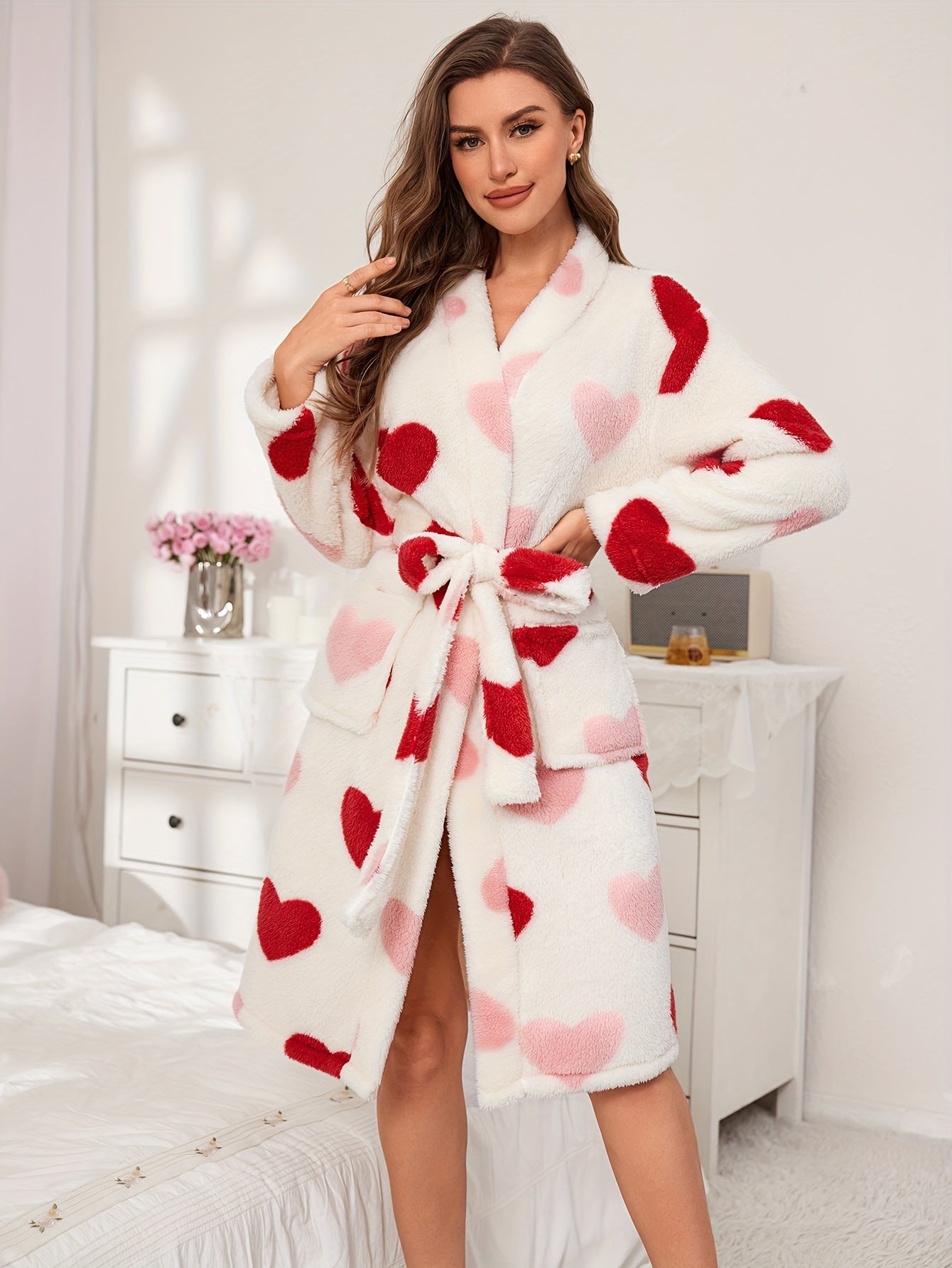 Elegant Allover Heart Pattern Fleece Thickened Night Robe For Fall & Winter, Long Sleeve V Neck Robe With Pockets, Women's Sleepwear & Dresses