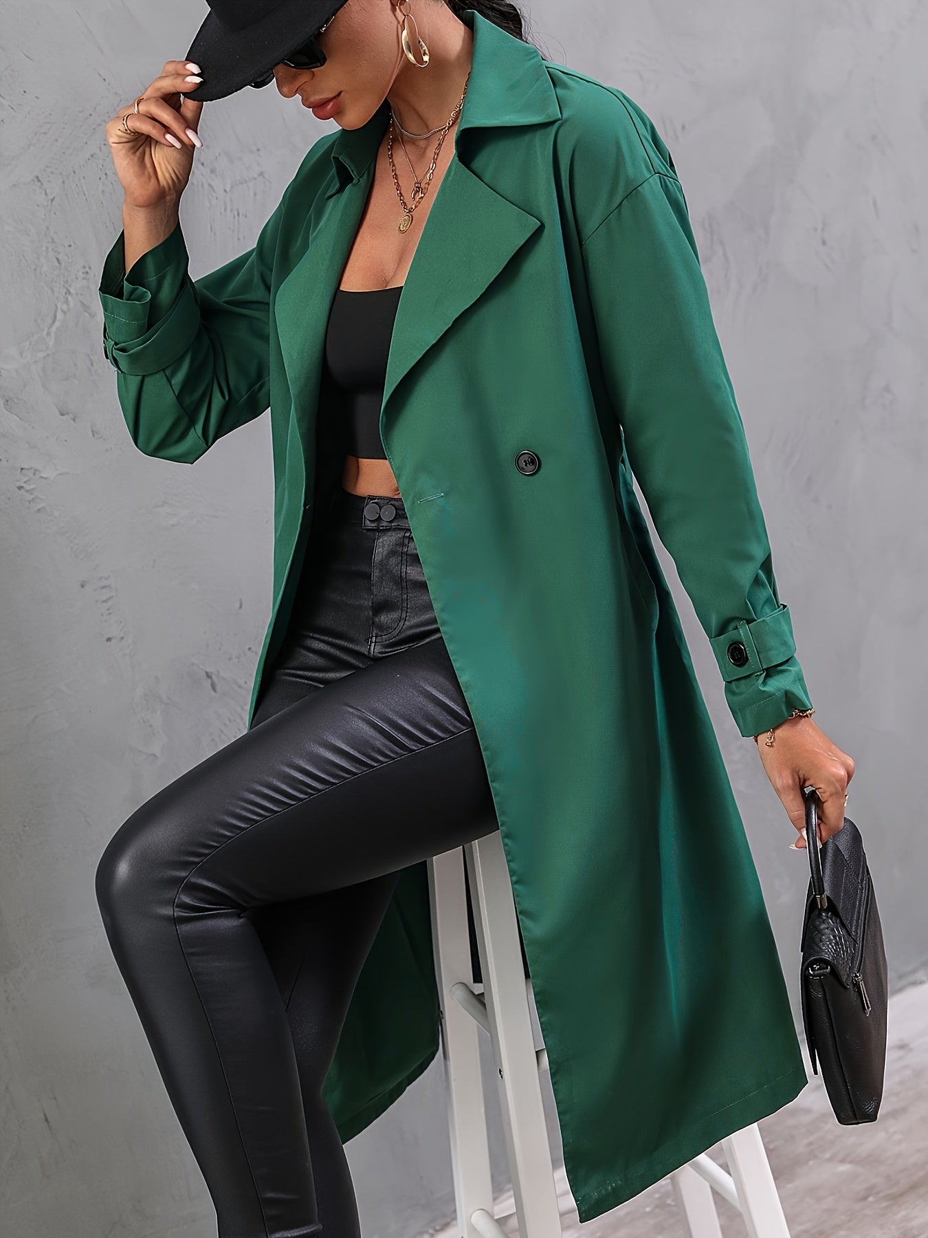 Double Breasted Solid Trench Coat, Elegant Solid Long Sleeve Outerwear, Women's Clothing