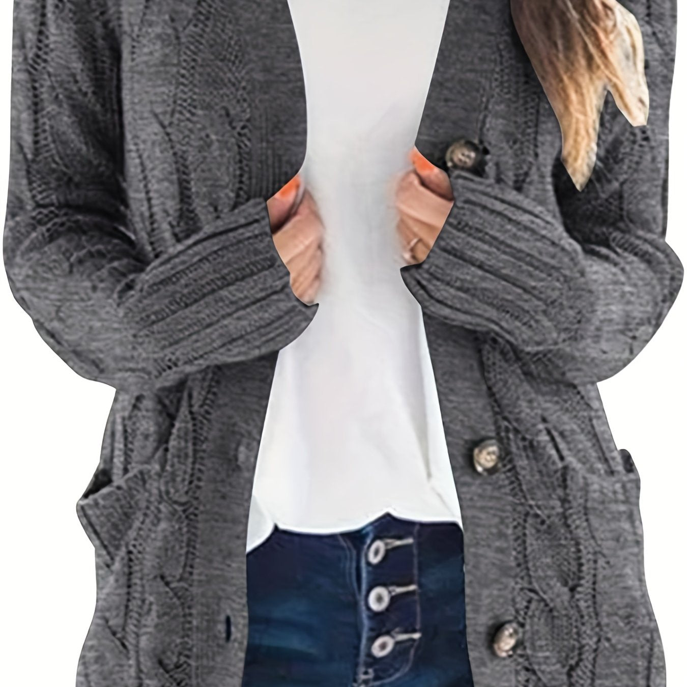 dunnmall  Cable Knit Button Front Cardigan, Casual Solid Long Sleeve Cardigan For Fall & Winter, Women's Clothing