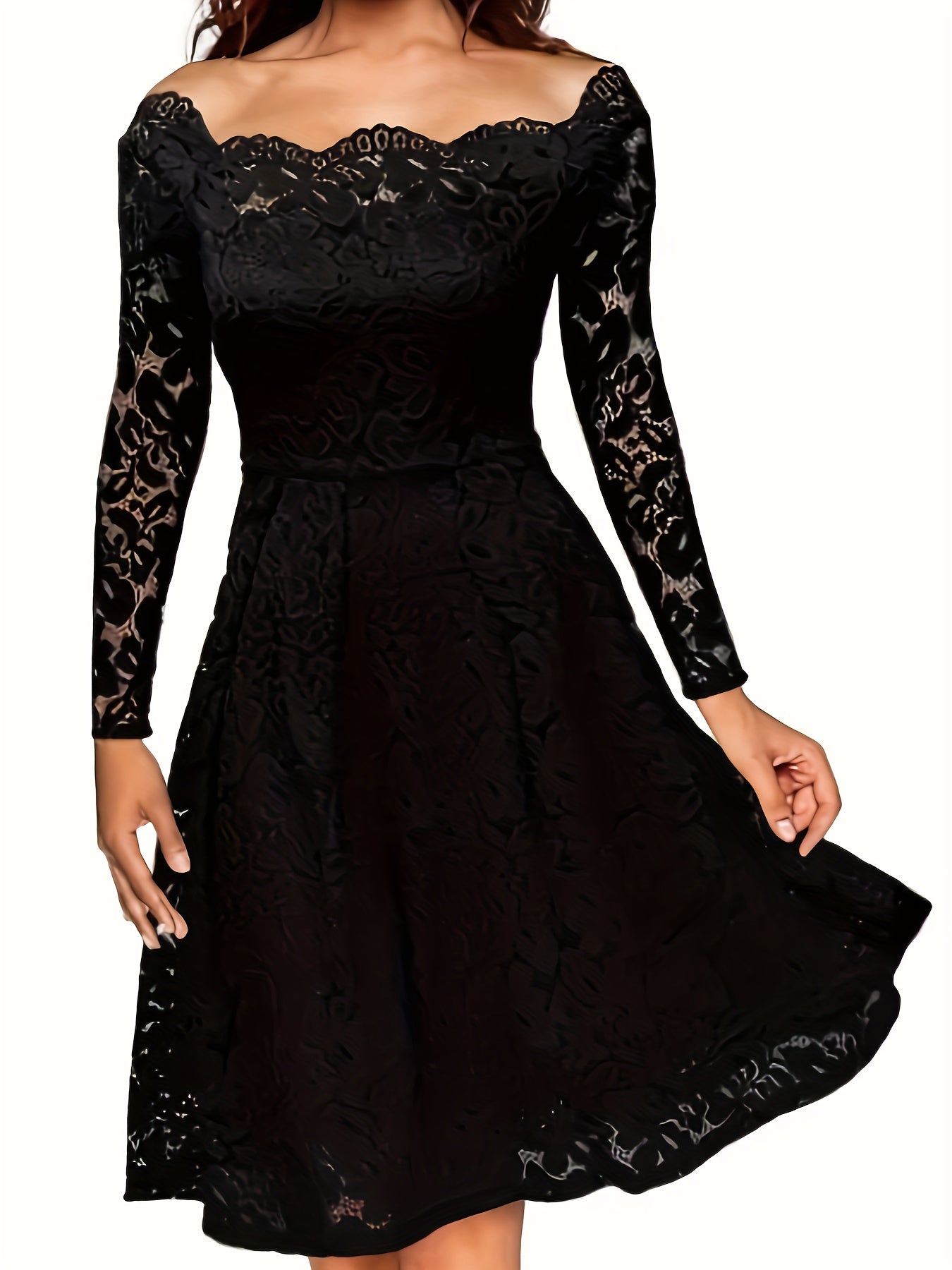 dunnmall Lace Off-shoulder A-line Dress, Elegant Long Sleeve Dress For Spring & Summer, Women's Clothing