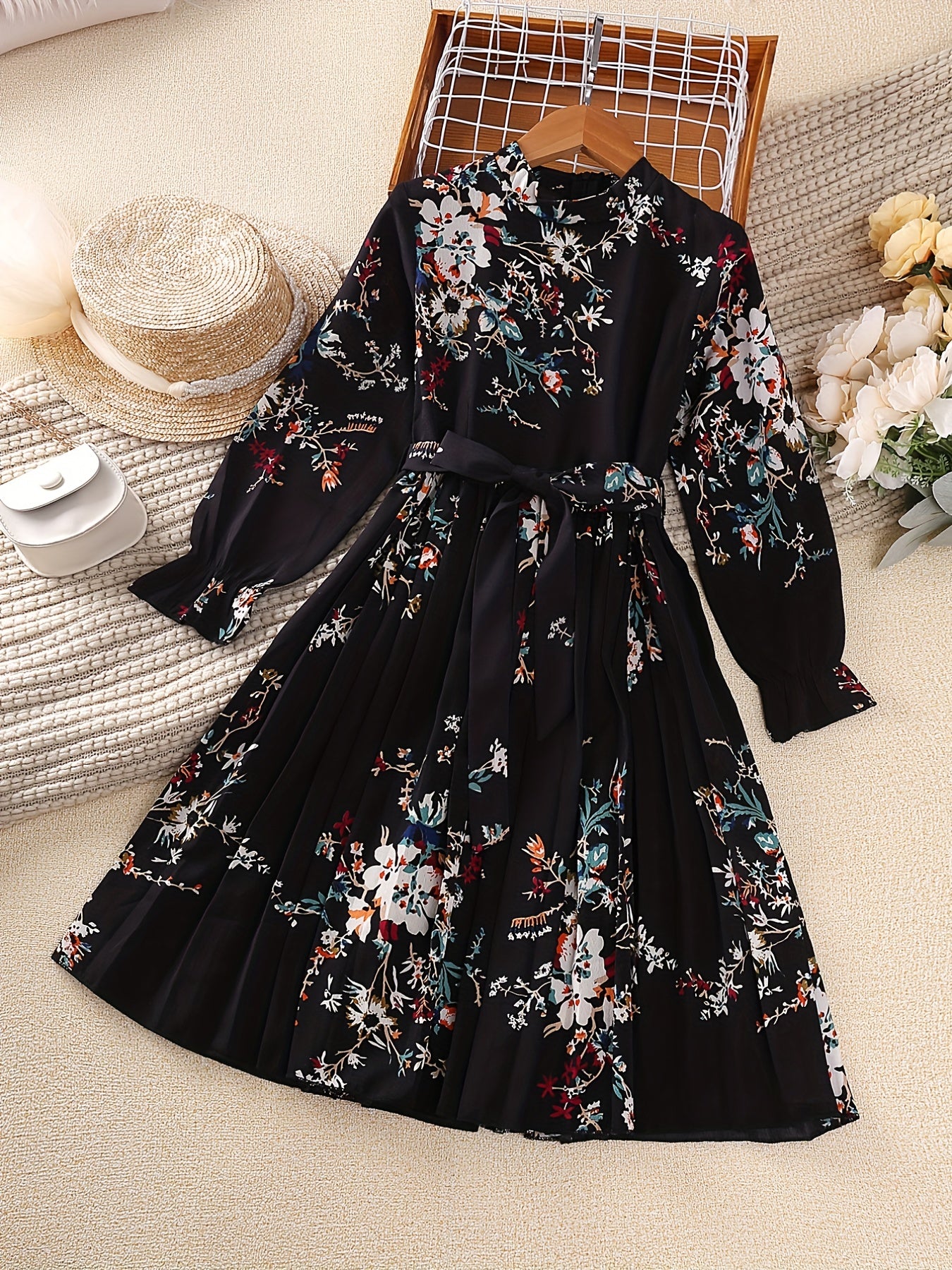 dunnmall  Girl's Floral Allover Flounce Long Sleeve Pleated Hem Mock Neck Belted Dress For Summer