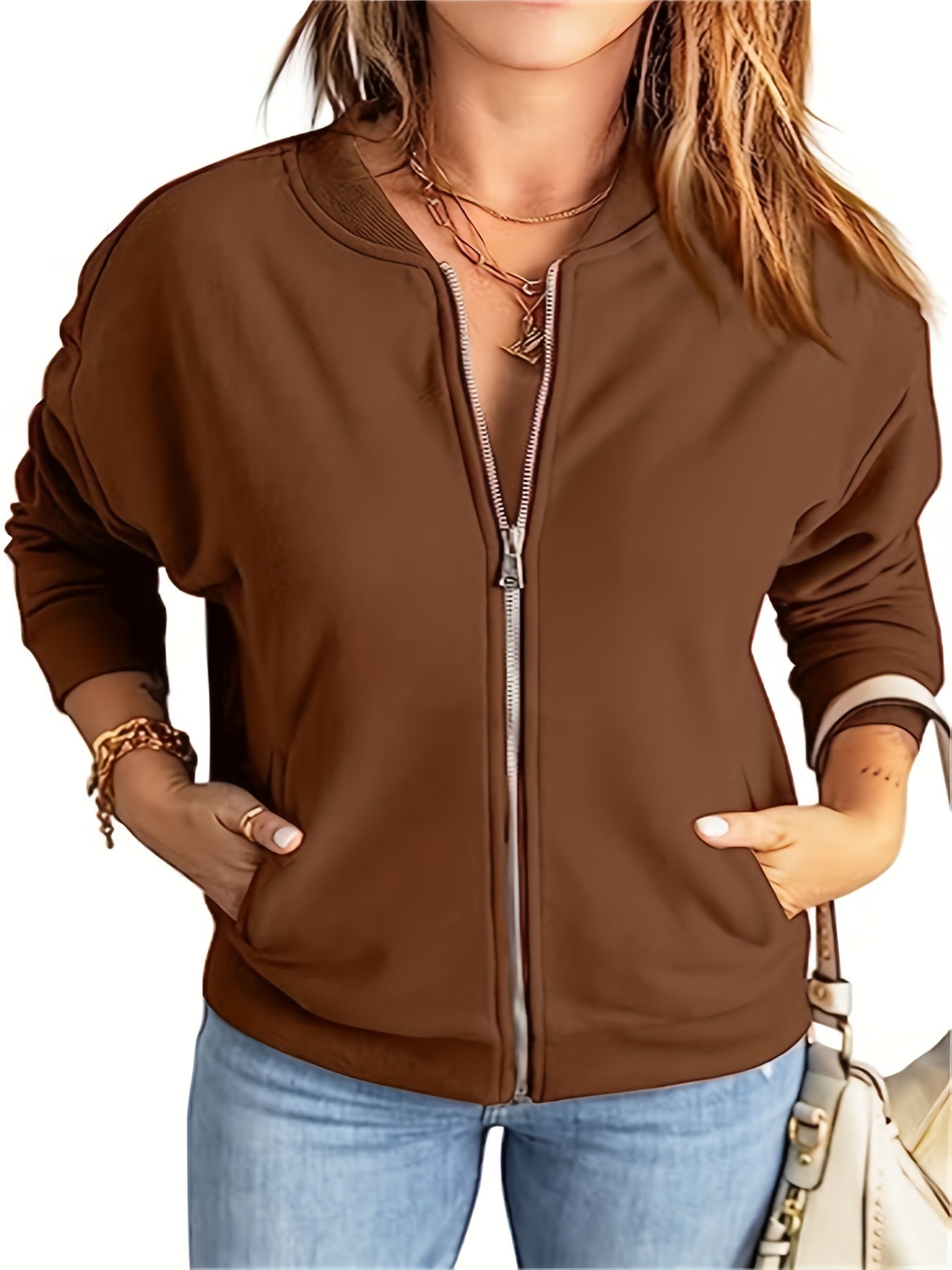 Plus Size Sporty Jacket, Women's Plus Solid Long Sleeve Zipper Jacket With Pockets