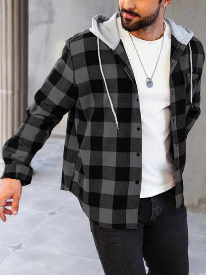 Men's Plus Size Plaid Hooded Jacket - Casual Button-Up Shirt with Pockets, Machine Washable, PLUS SIZE