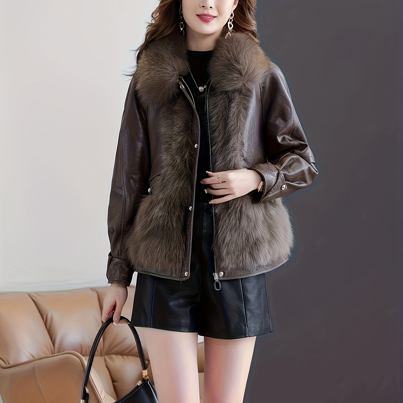 dunnmall  Faux Fur & Leather Zip-up Splicing Jacket, Casual Long Sleeve Jacket For Fall & Winter, Women's Clothing