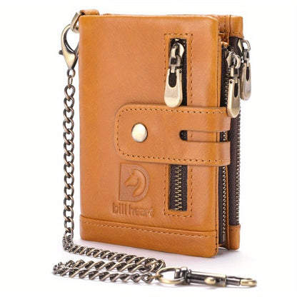 Premium Genuine Leather Mens RFID Blocking Chain Wallet - Stylish & Secure with Double Zipper Coin Pocket, Anti-Theft Design, Multiple Card Slots - The Perfect Thoughtful Gift for Him