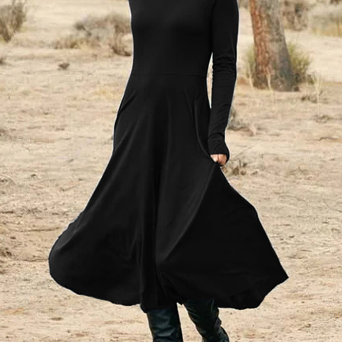 High Neck Solid Midi Dress, Elegant Long Sleeve Daily Dress, Women's Clothing