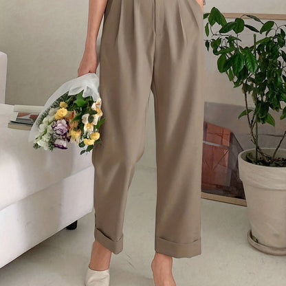 dunnmall  Solid Button Straight Leg Pants, Casual High Waist Draped Pleated Pants, Women's Clothing