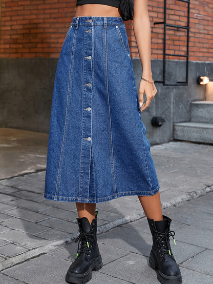 xieyinshe High Rise Single-breasted Slash Pocket Denim Skirt, Plain Washed Blue Streetwear Split Midi Denim Skirt, Women's Denim Jeans & Clothing