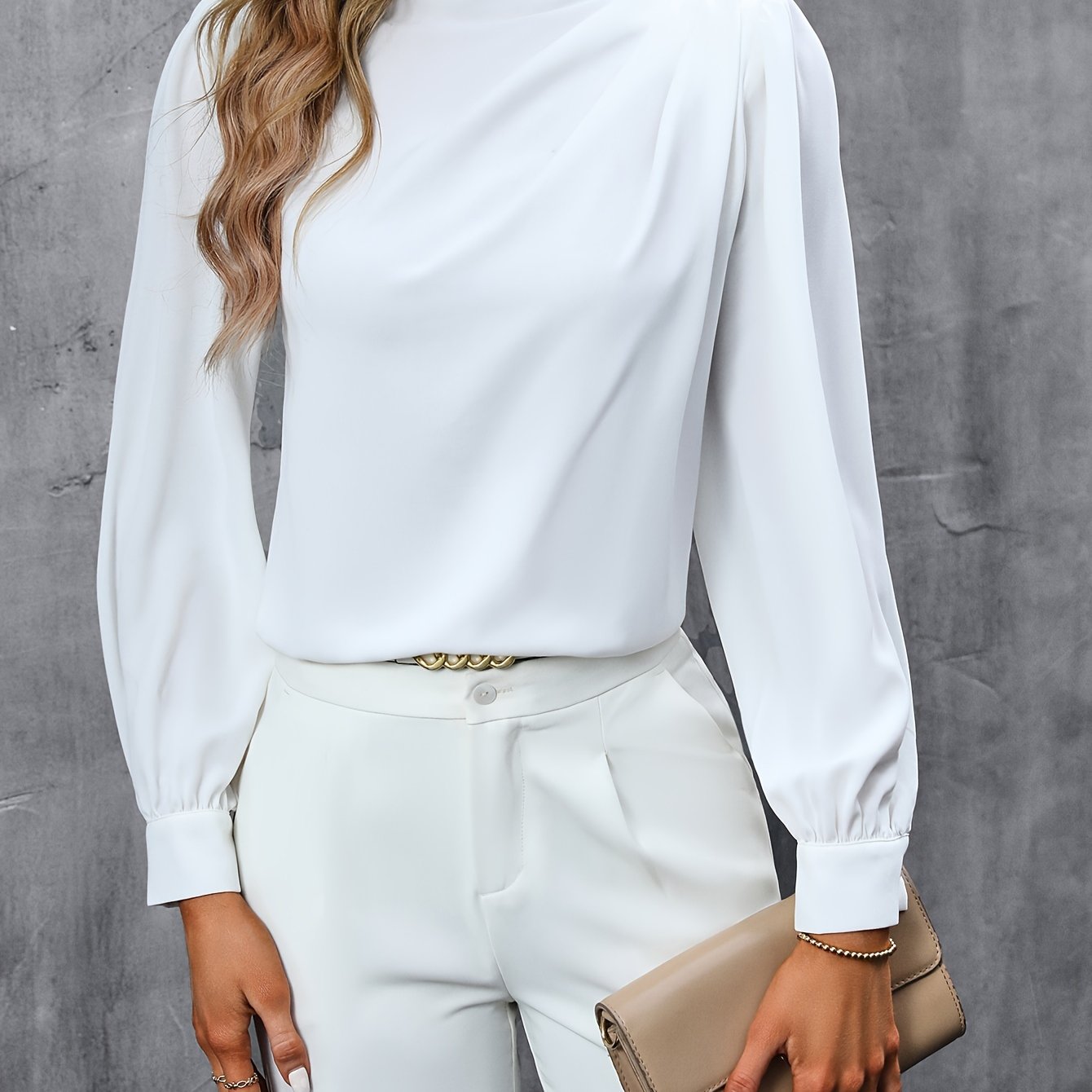 Ruched Solid Blouse, Elegant Long Sleeve Work Office Blouse, Women's Clothing