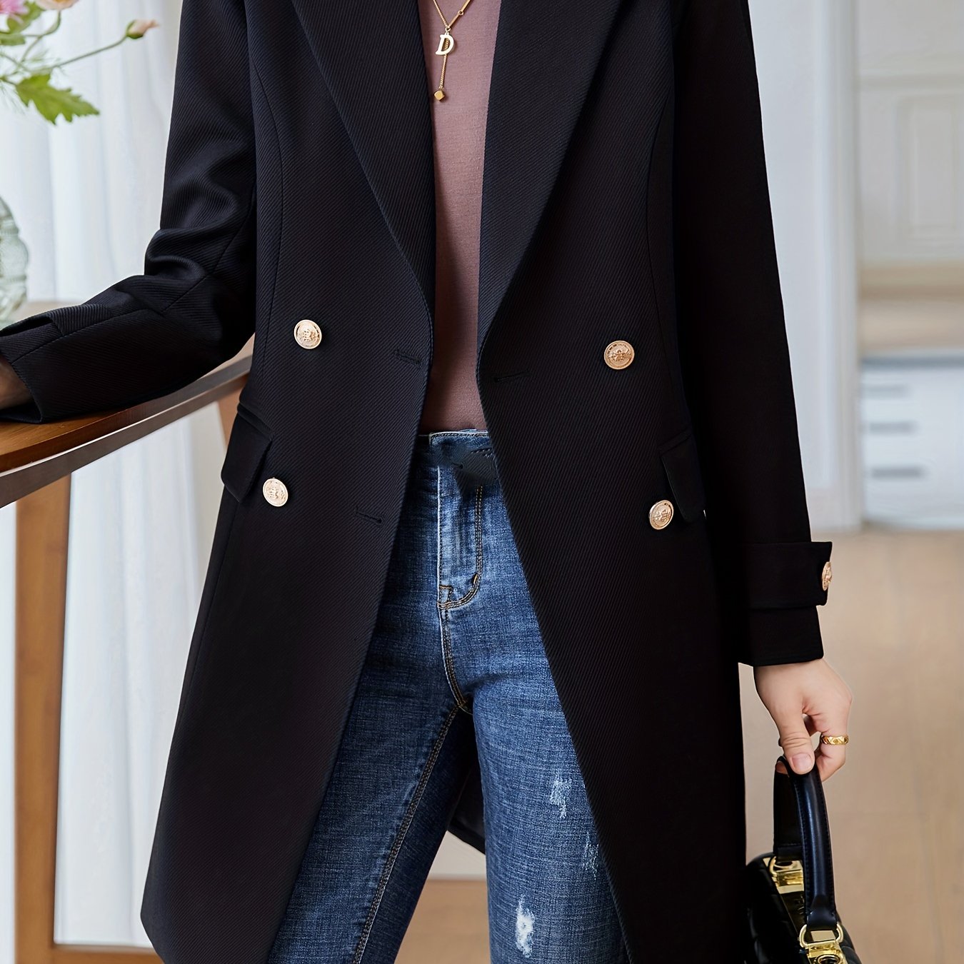 Solid Double Breasted Lapel Overcoat, Elegant Long Sleeve Mid Length Coat  For Fall & Winter, Women's Clothing