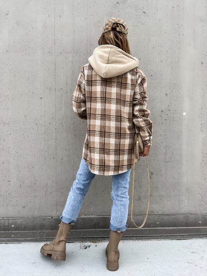 dunnmall  Plaid Button Lapel Loose Coat, Casual Long Sleeve Fashion Fall Winter Outerwear, Women's Clothing