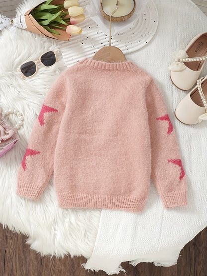 Sweet Stars Pattern Knit Sweater For Girls, Comfy Crew Neck Casual Jumper Top, Girls Spring/ Fall Clothing