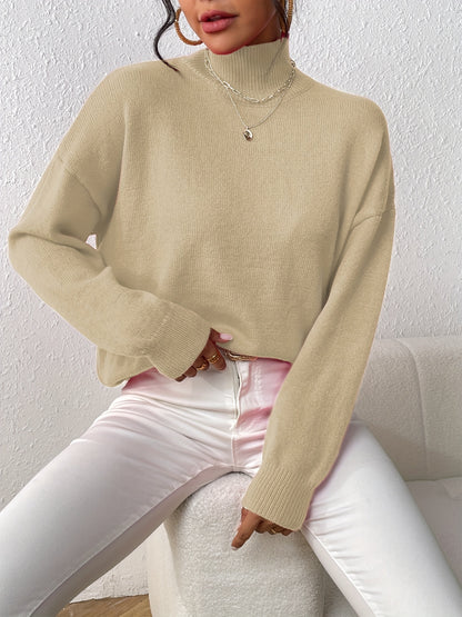 Solid Mock Neck Knit Sweater, Casual Drop Shoulder Long Sleeve Sweater, Women's Clothing