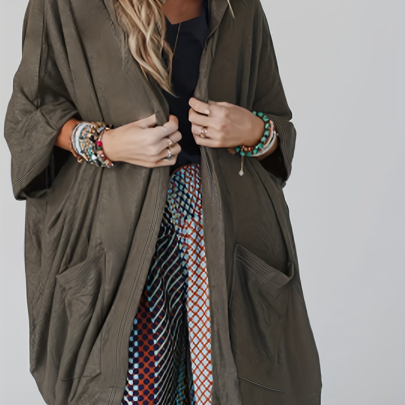 Plus Size Casual Coat, Women's Plus Solid Cape Sleeve Open Front Slight Stretch Hooded Coat