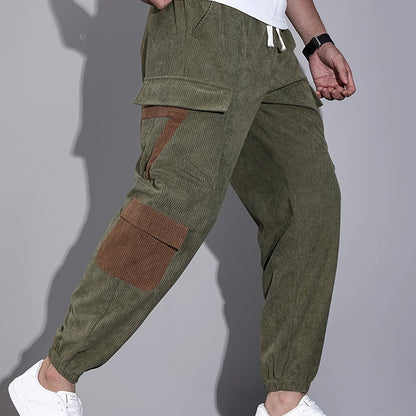 Trendy Corduroy Cargo Drawstring Pants, Men's Multi Flap Pocket Trousers, Loose Casual Outdoor Pants, Men's Work Pants Outdoors Streetwear Hip Hop Style