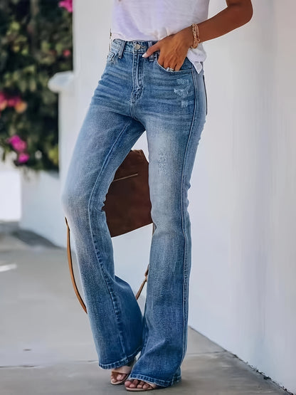 dunnmall  High Stretch Washed Bootcut Jeans, Slant Pockets Chic Denim Pants, Women's Denim Jeans & Clothing