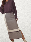 Elegant Sweater Two-piece Set, Solid Long Sleeve Knit Sweater & Split High Waist Skirts Outfits, Women's Clothing