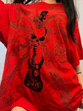 dunnmall  Skull Guitar Print Crew Neck T-Shirt, Casual Short Sleeve Top For Spring & Summer, Women's Clothing