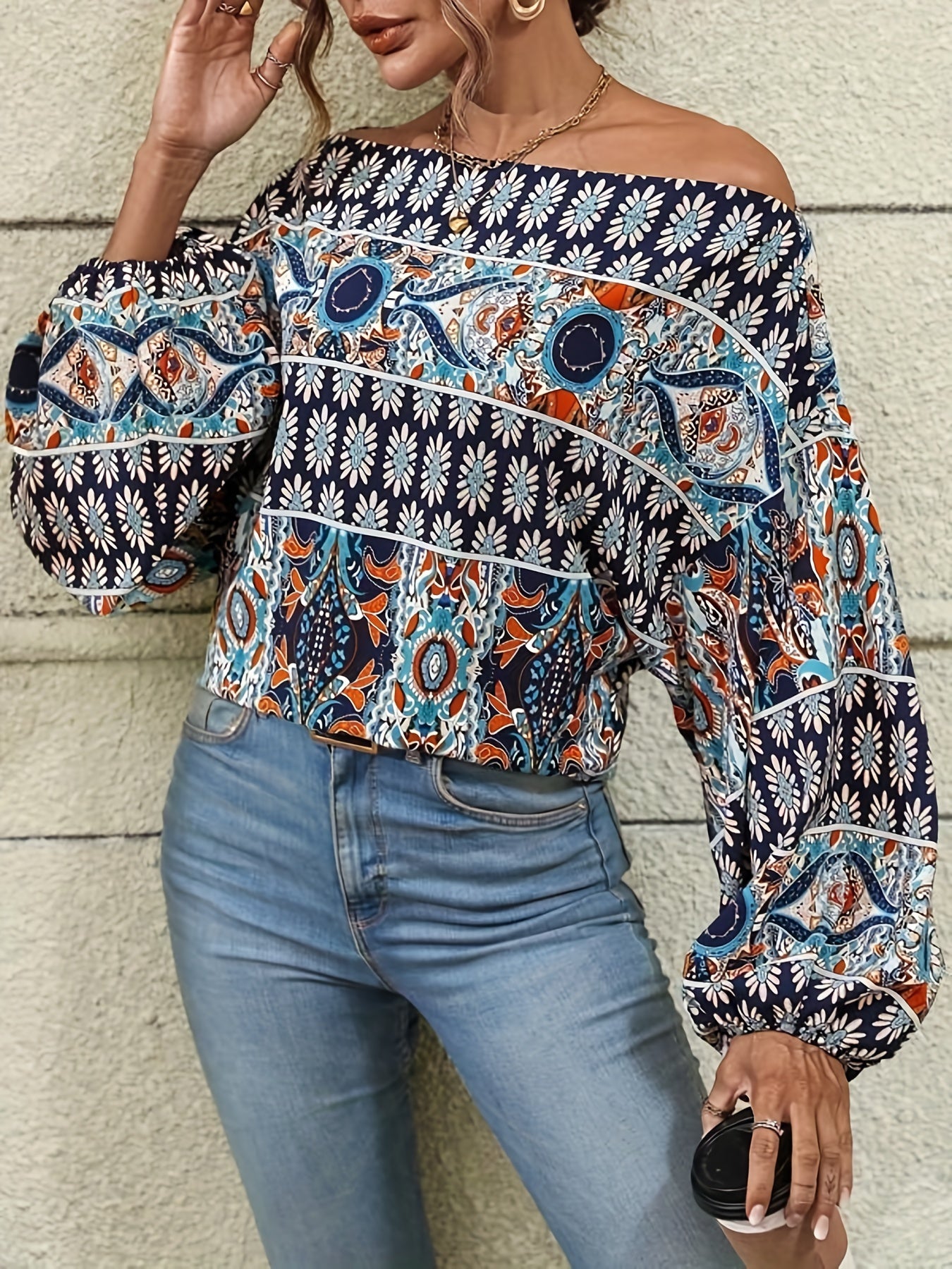 dunnmall  Ethnic Graphic Print Blouse, Casual Off Shoulder Long Sleeve Blouse, Women's Clothing