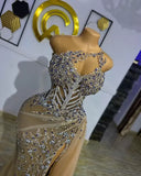 Plus Size Arabic Aso Ebi Gold Luxurious Mermaid Prom Dresses Beaded Crystals Evening Formal Party Second Reception Birthday Engagement Gowns Dresses