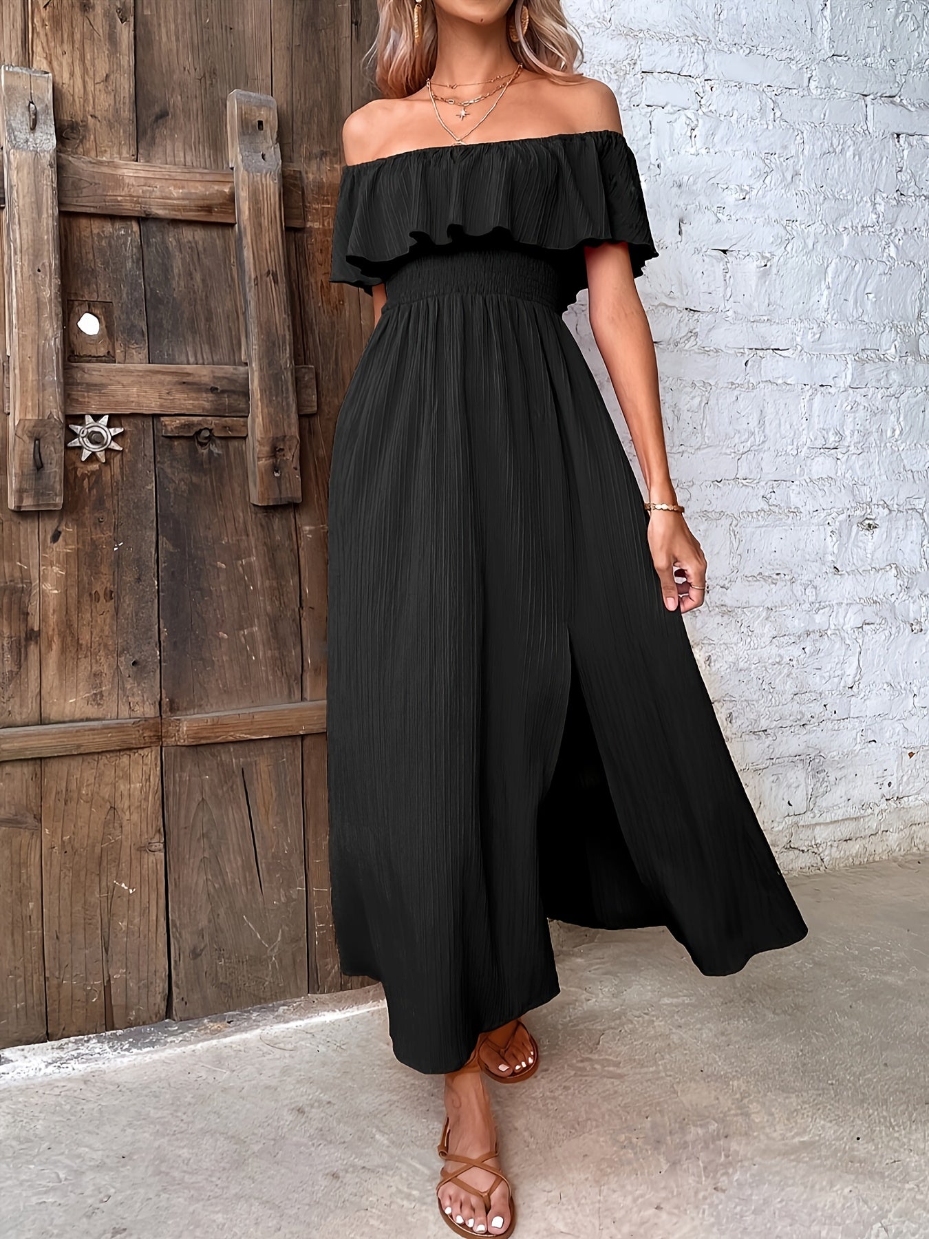 Textured Foldover Off Shoulder Vacation Dress, Elegant Split Thigh Flowy Maxi Dress For Spring & Summer, Women's Clothing