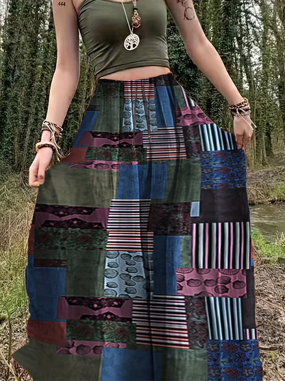 dunnmall  Hippie Patchwork Print Drawstring Skirt, Boho Skirt For Spring & Summer, Women's Clothing