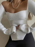 dunnmall  Solid Color Square Neck Pullover Sweater, Casual Long Sleeve Knitted Sweater For Every Day, Women's Clothing