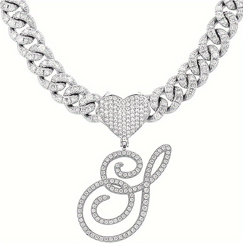 1 Piece Initial Necklace Men Women Silvery Cuban Chain Ice Rhinestone With Heart Shaped Letter Pendant Necklace Hip Hop Jewelry Gift