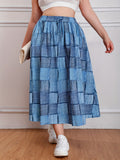 Plus Size Casual Skirt, Women's Plus Colorblock Denim Print Drawstring Elastic High Rise Slight Stretch Smock Maxi Skirt