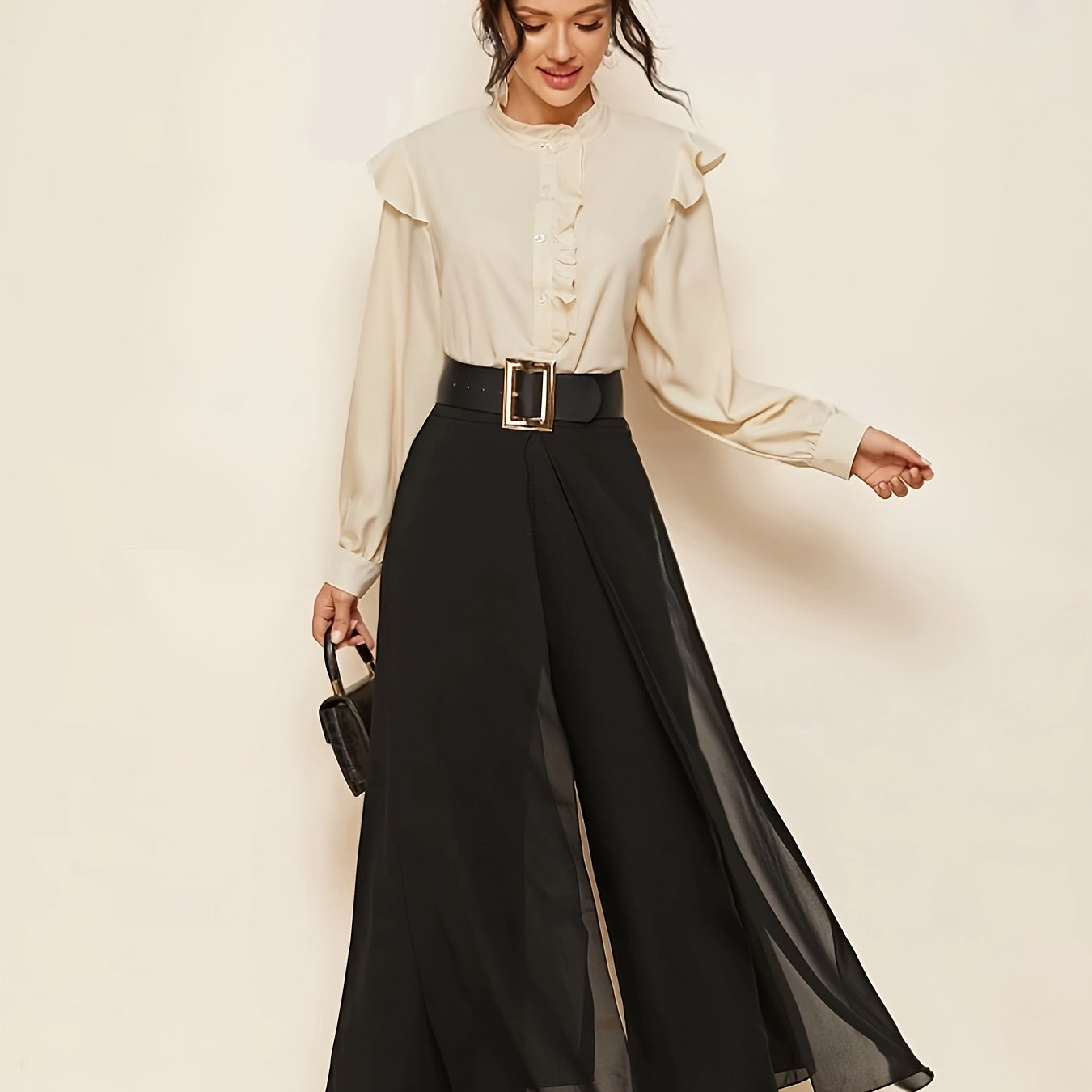 Solid Color Wide Leg Pants, Elegant High Waist Chiffon Pants For Spring & Fall, Women's Clothing