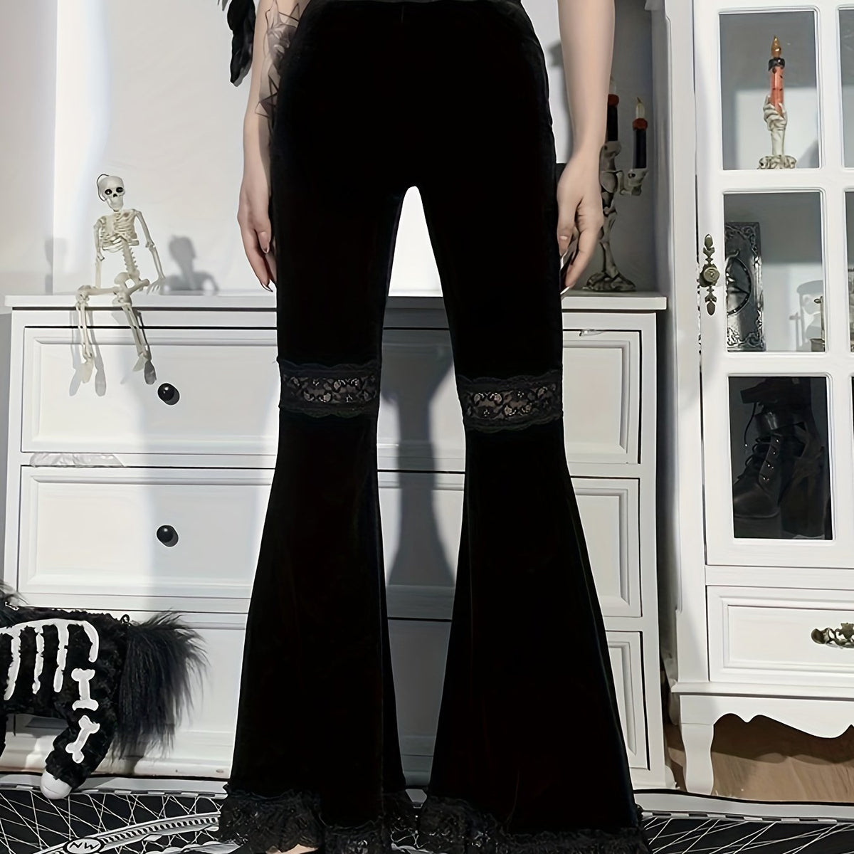dunnmall  Gothic Lace Stitching Flare Leg Pants, Elegant High Waist Velvet Pants, Women's Clothing