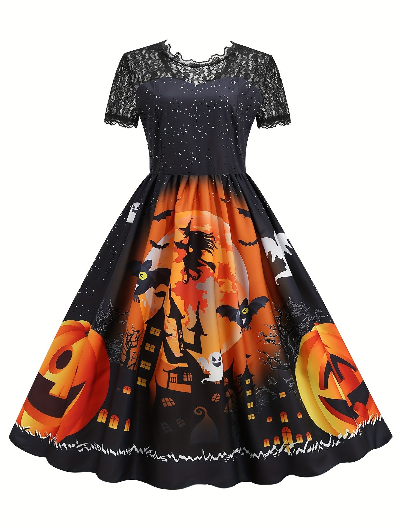 Halloween Witch & Castle Print Lace Stitching Dress, Elegant Ruffle Hem Swing Aline Dress, Women's Clothing