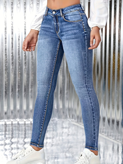 Whiskering High Stretch Skinny Jeans, Zipper Button Closure Stylish Denim Pants, Women's Denim Jeans & Clothing