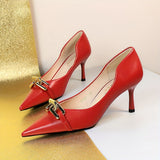 dunnmall  1pc, Elegant Stiletto High Heels, Pointed Toe, Pumps With Metal Buckle Decoration, Women's Dress Shoes