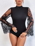 dunnmall  Contrast Lace Mock Neck Bodysuit, Elegant Bell Sleeve Sheer Bodysuit, Women's Clothing