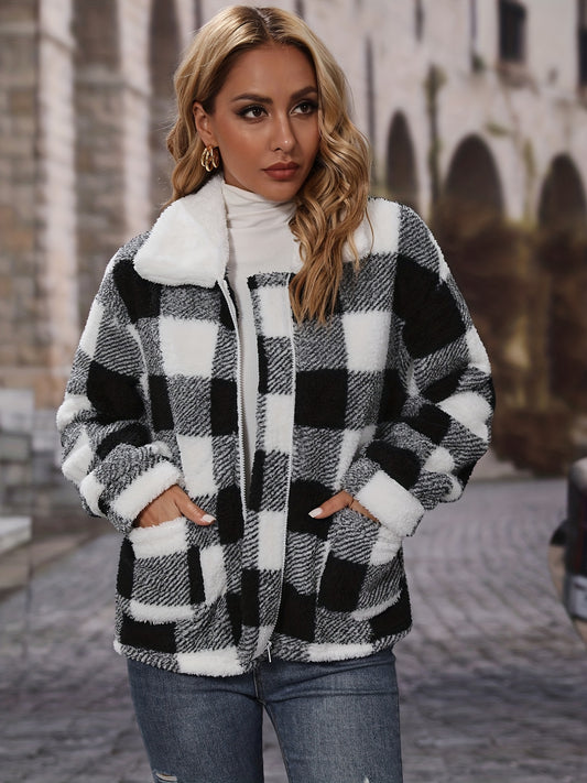 dunnmall  Plaid Teddy Coat, Casual Zip Up Long Sleeve Winter Warm Ouerwear, Women's Clothing