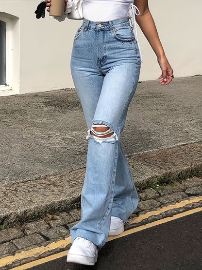 dunnmall  Blue Raw Hem Flared Jeans, Bell Bottom Ripped High Waist Wide Legs Slash Pockets Denim Pants, Women's Denim Jeans & Clothing