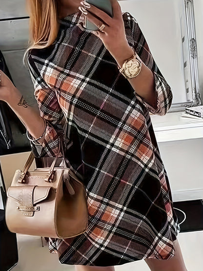 Plaid Print Mock Neck Dress, Elegant Long Sleeve Above Knee Dress, Women's Clothing