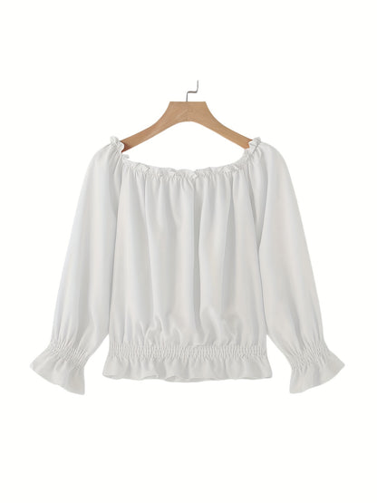 Off Shoulder Ruffle Trim Blouse, Casual Long Sleeve Blouse For Spring & Fall, Women's Clothing